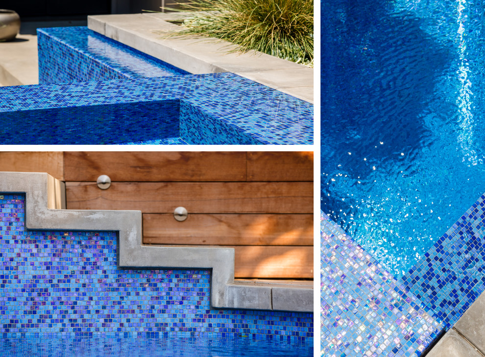 Идея дизайна: большой бассейн произвольной формы на заднем дворе в стиле модернизм с покрытием из бетонных плит
