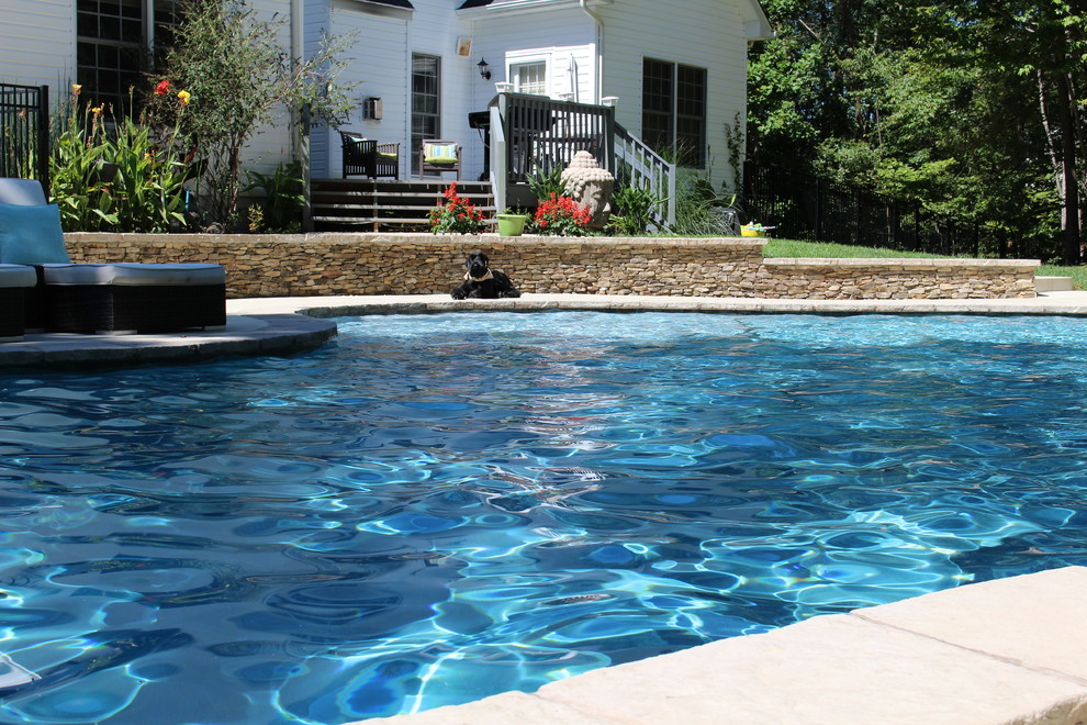 Cette image montre une piscine naturelle et avant chalet de taille moyenne et sur mesure avec une dalle de béton.