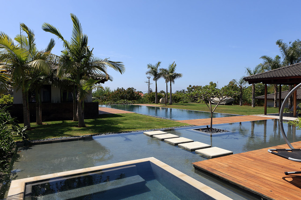 Immagine di una piscina tropicale rettangolare dietro casa