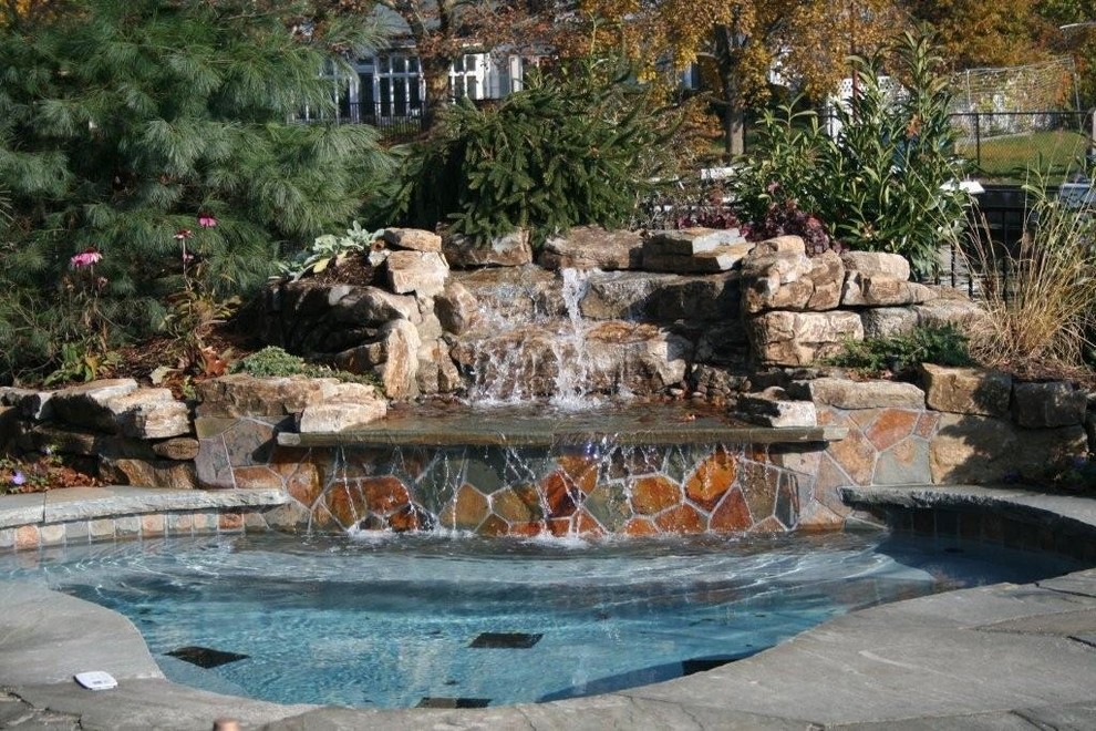 Идея дизайна: бассейн произвольной формы на заднем дворе в классическом стиле