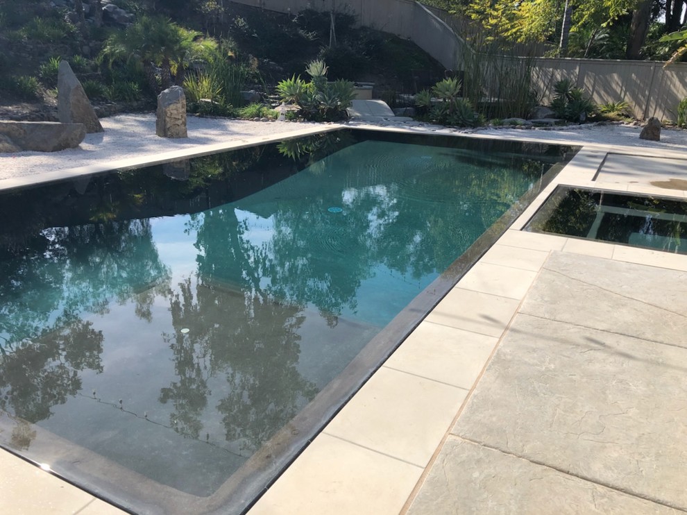 Großer Moderner Pool hinter dem Haus in rechteckiger Form mit Betonboden in San Diego