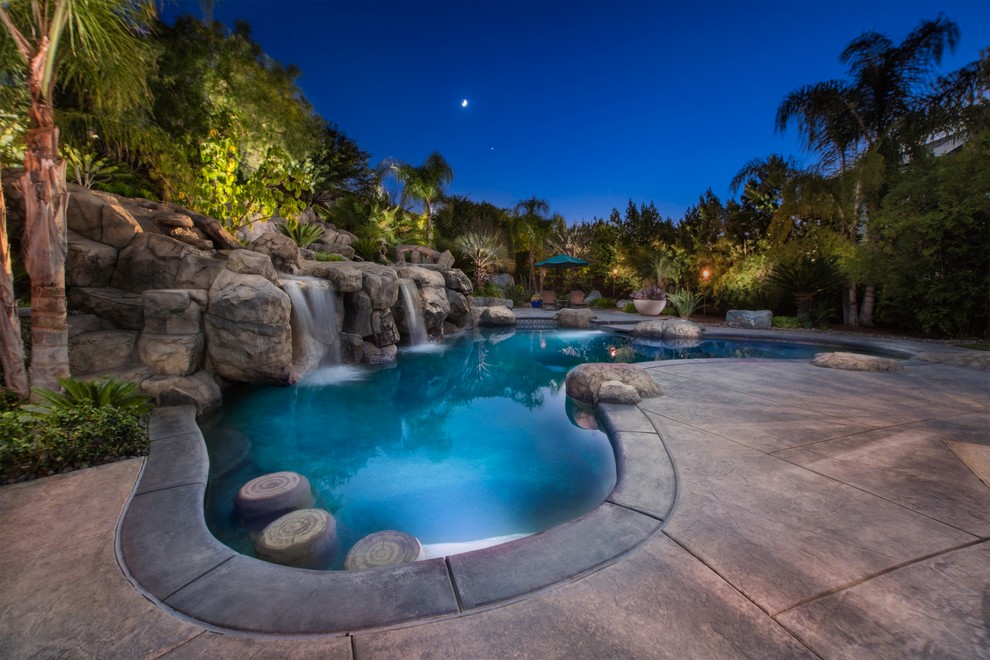 Cette photo montre une grande piscine naturelle et arrière exotique sur mesure avec un point d'eau et une dalle de béton.