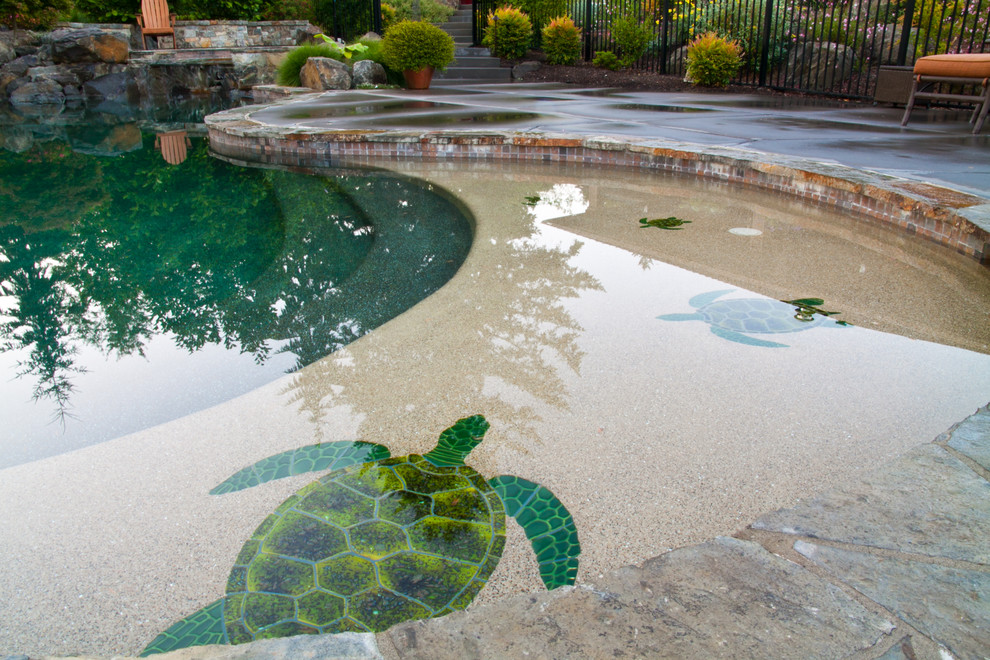 Foto de piscina natural de estilo americano grande a medida en patio trasero con losas de hormigón
