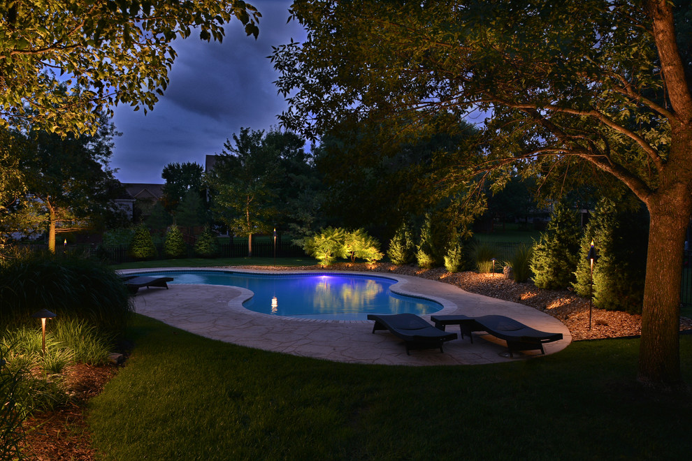 Idee per una piscina naturale chic personalizzata di medie dimensioni e dietro casa con cemento stampato