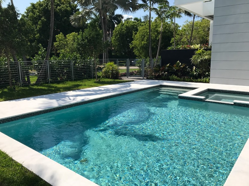 Ispirazione per una grande piscina minimalista rettangolare dietro casa con una dépendance a bordo piscina e pavimentazioni in pietra naturale