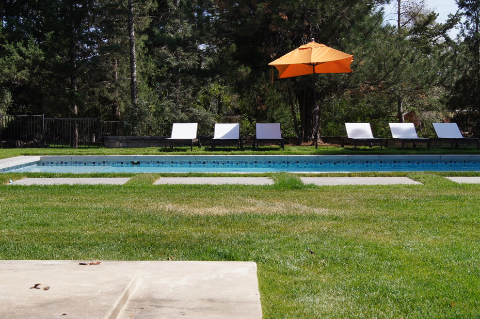 На фото: прямоугольный бассейн в стиле модернизм с