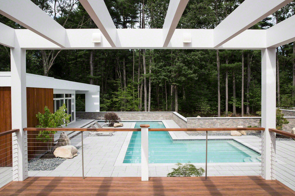 Idee per una piscina monocorsia minimal personalizzata di medie dimensioni e dietro casa con piastrelle e una dépendance a bordo piscina