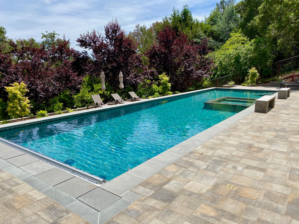 Idée de décoration pour une très grande piscine arrière minimaliste rectangle avec des pavés en béton.