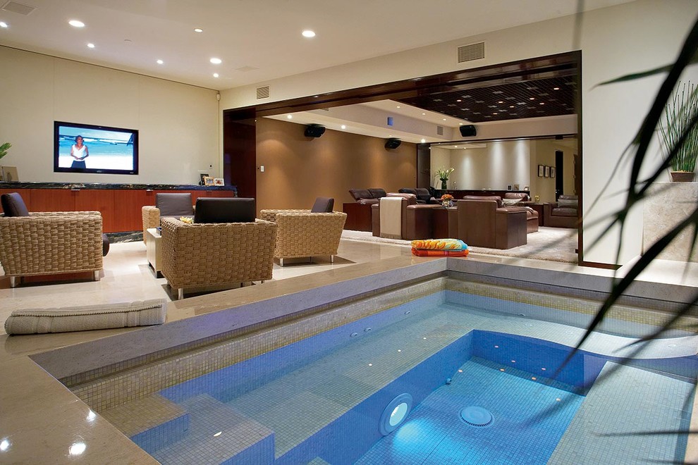 Small contemporary indoor rectangular swimming pool in Salt Lake City with tiled flooring.