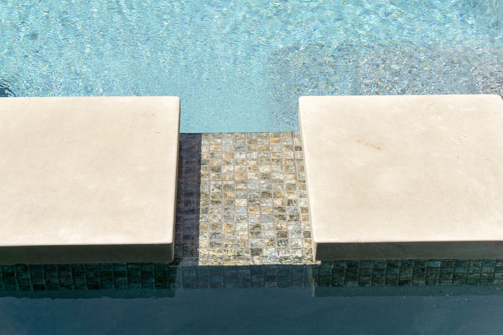 Ispirazione per una piscina monocorsia minimalista rettangolare di medie dimensioni e davanti casa con una vasca idromassaggio e pedane