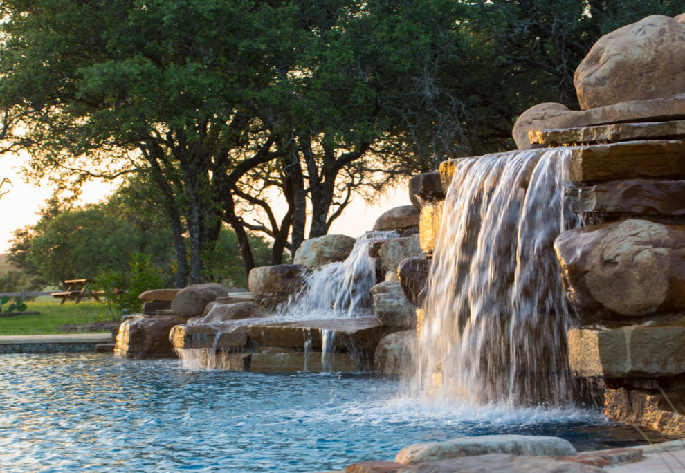 Large contemporary back custom shaped natural swimming pool in Austin with a water feature.