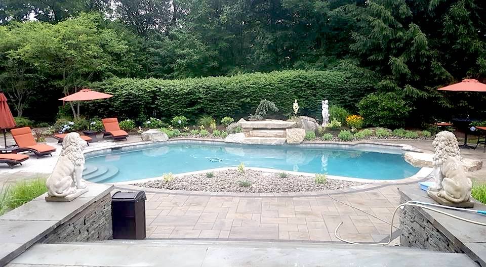 Стильный дизайн: бассейн среднего размера, в форме фасоли на заднем дворе в классическом стиле с мощением тротуарной плиткой - последний тренд