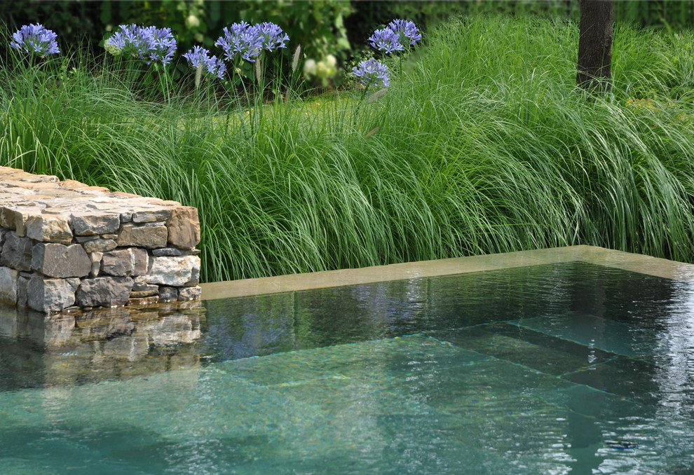 Idee per un'ampia piscina a sfioro infinito minimal rettangolare con una dépendance a bordo piscina e pavimentazioni in pietra naturale