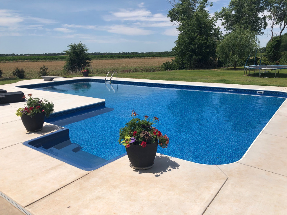 Diseño de piscina alargada clásica grande en forma de L en patio trasero