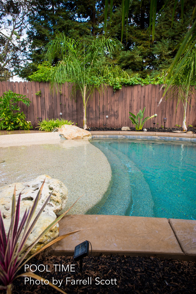 Großer Klassischer Pool hinter dem Haus in individueller Form mit Wasserspiel und Stempelbeton in Sacramento