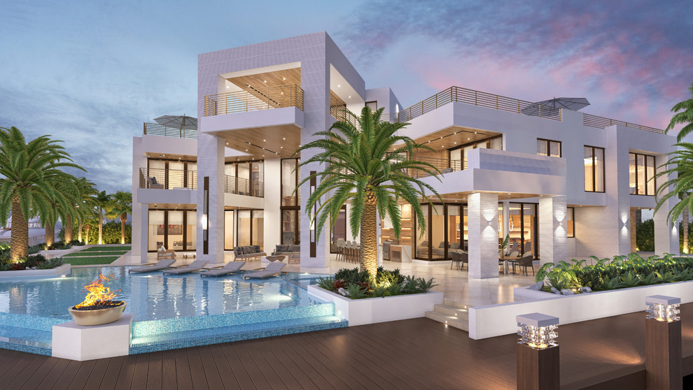 Geräumiger Moderner Pool hinter dem Haus in individueller Form in Miami