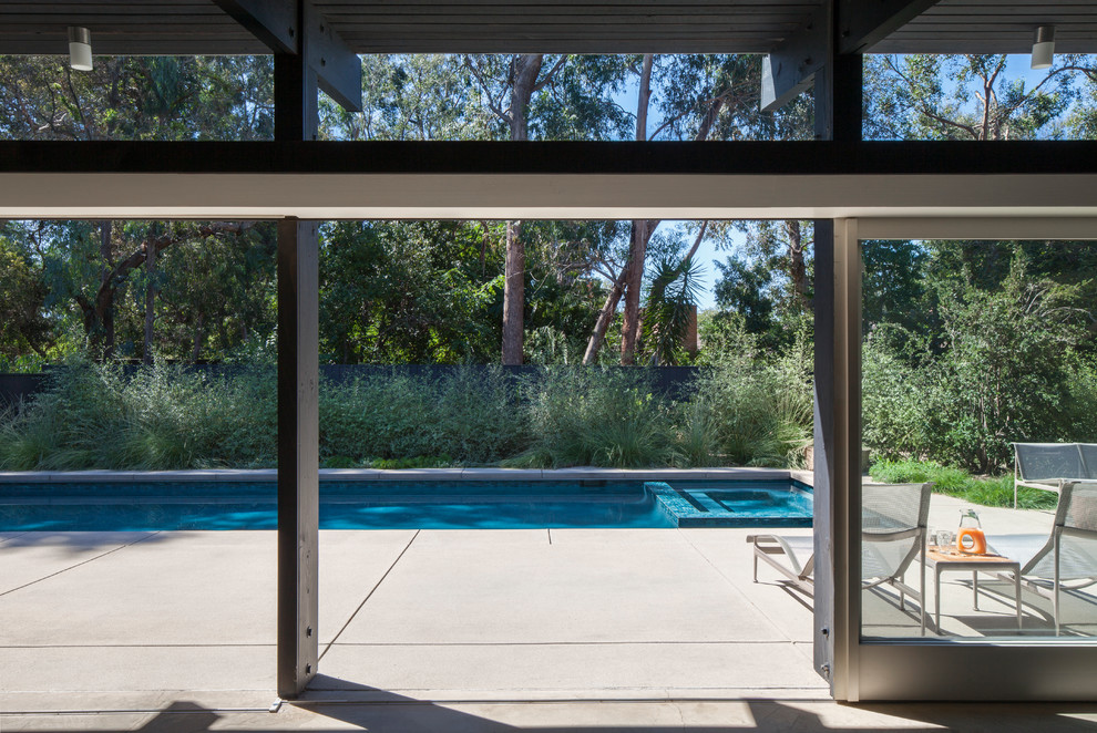 Large retro back rectangular lengths swimming pool in Los Angeles with concrete slabs.