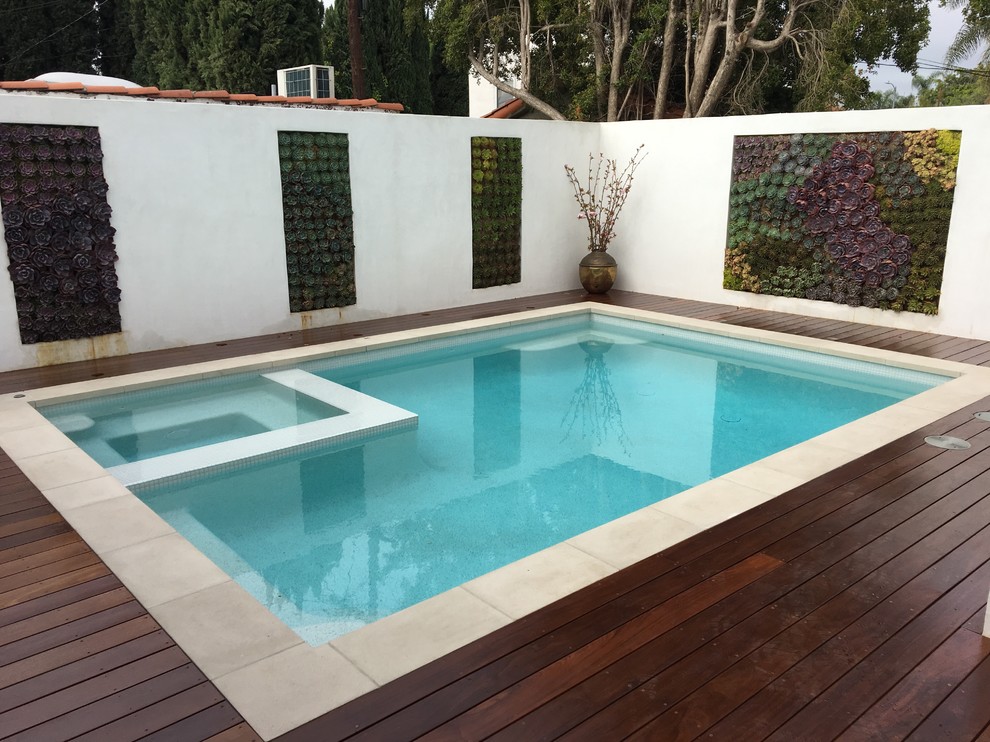 Idee per una piccola piscina monocorsia design rettangolare dietro casa con una vasca idromassaggio e piastrelle
