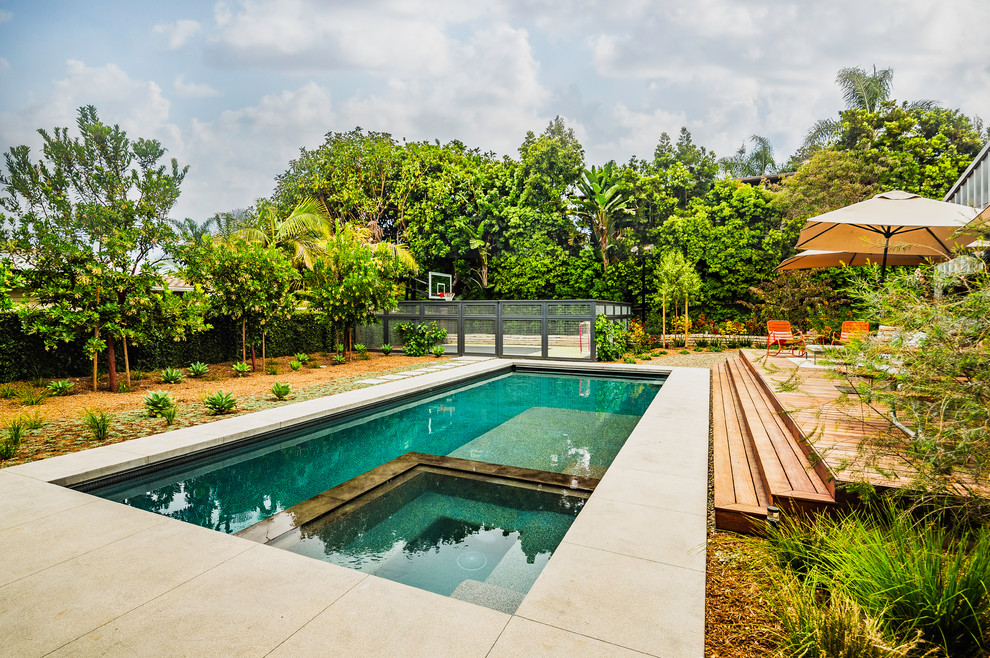 Esempio di una piscina monocorsia moderna rettangolare di medie dimensioni e dietro casa con una vasca idromassaggio e lastre di cemento