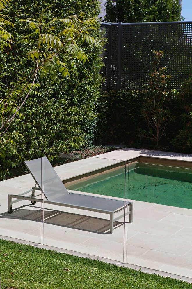 Diseño de piscina alargada contemporánea grande rectangular en patio trasero con adoquines de piedra natural