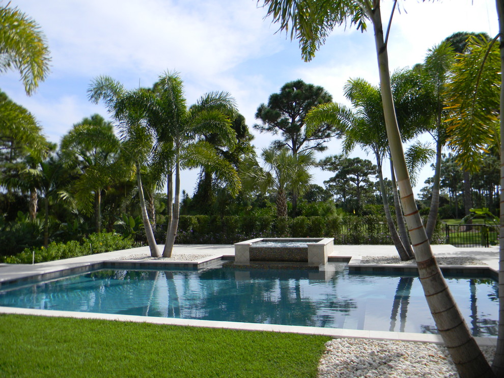Modelo de piscina contemporánea grande rectangular en patio trasero con adoquines de piedra natural