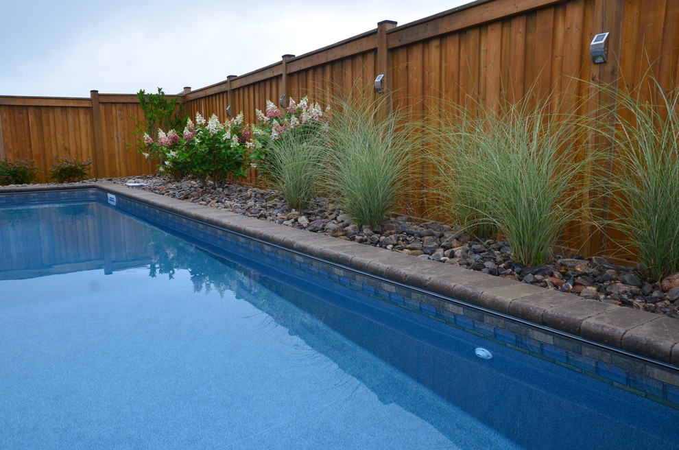 Foto de piscina actual pequeña rectangular en patio trasero con losas de hormigón