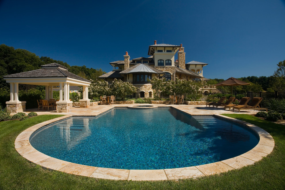 Example of a tuscan custom-shaped pool design in New York