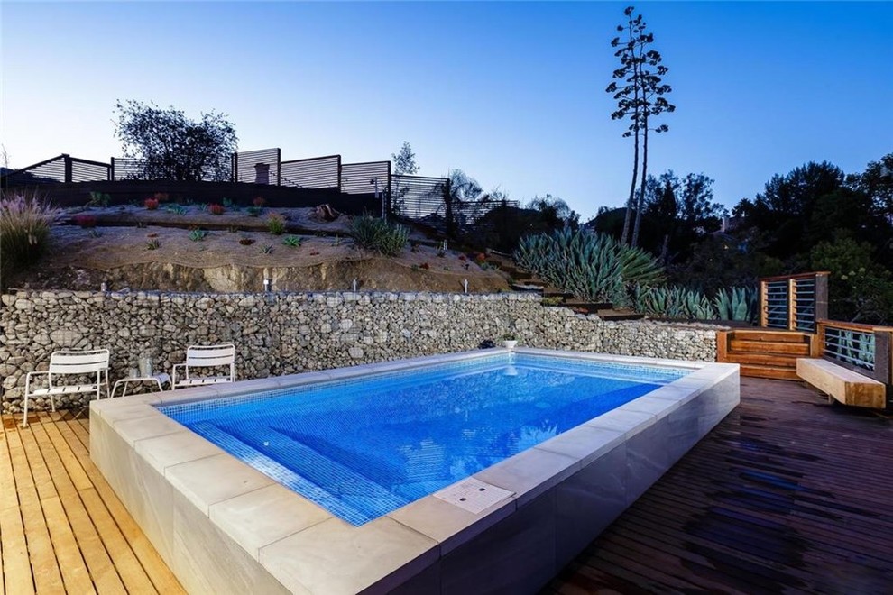 Modelo de piscina moderna de tamaño medio rectangular en patio trasero