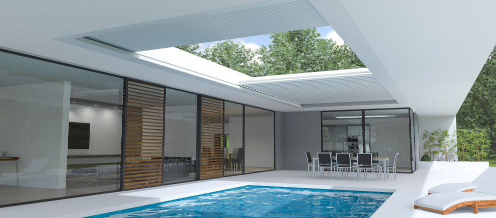 Immagine di una piscina fuori terra minimalista rettangolare dietro casa con pavimentazioni in cemento