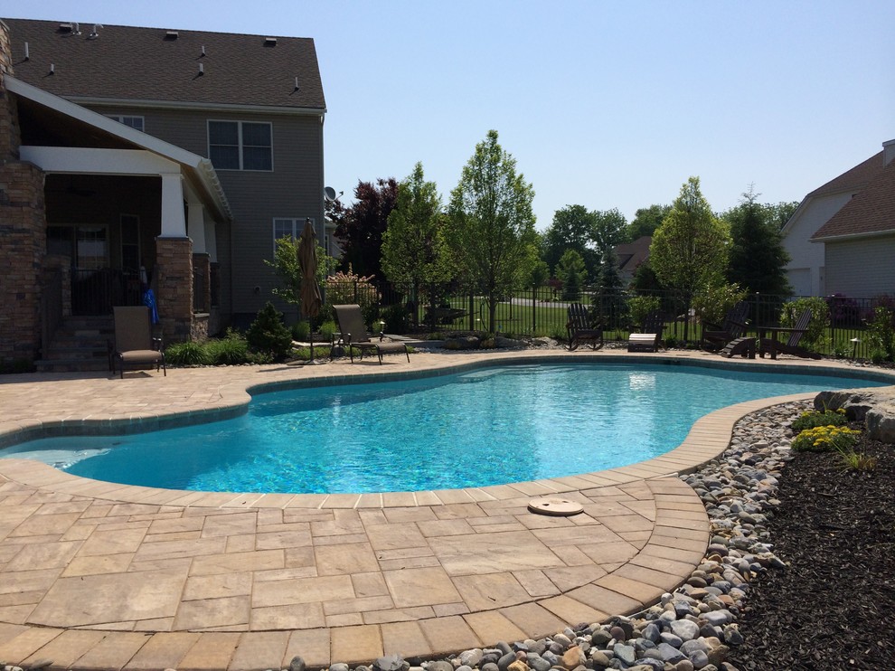 Imagen de piscina natural clásica a medida en patio trasero con adoquines de hormigón