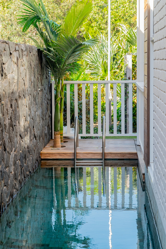 Immagine di una piscina tropicale rettangolare con pedane