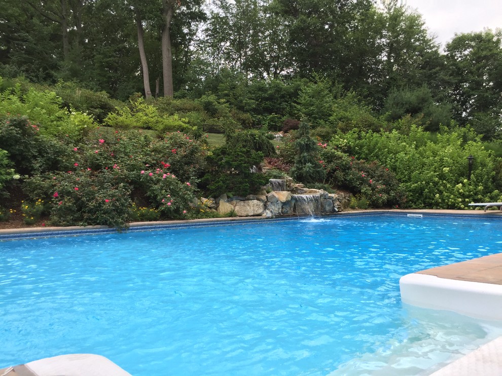 Imagen de piscina con fuente clásica en patio trasero
