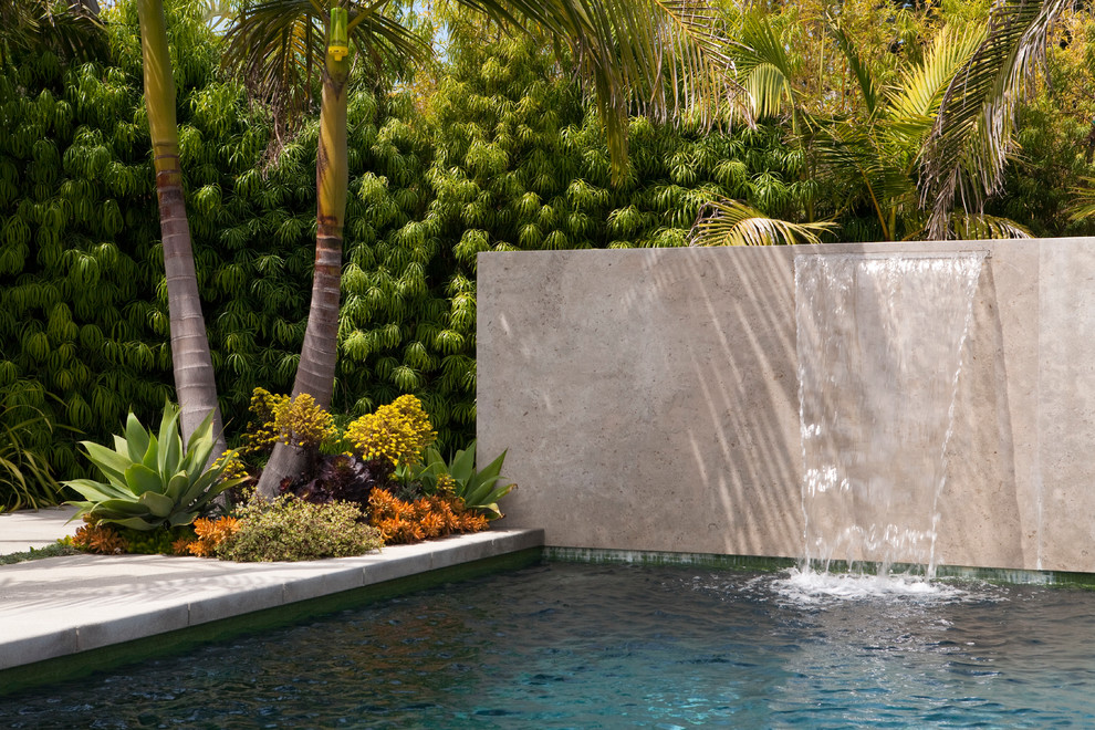 Immagine di una grande piscina tropicale rettangolare dietro casa con lastre di cemento