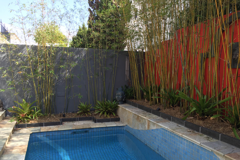 Exotisk inredning av en liten rektangulär gårdsplan med pool, med naturstensplattor
