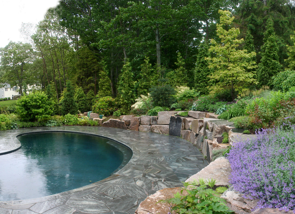 Inspiration for a rustic stone and kidney-shaped pool remodel in Manchester