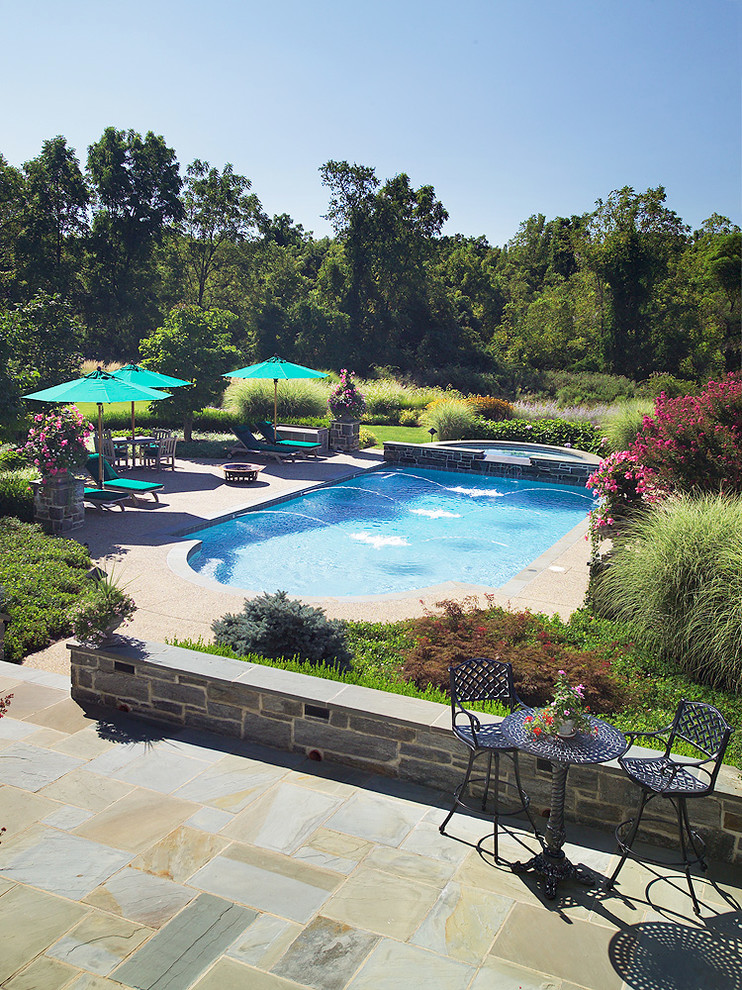 Photo of a medium sized victorian back custom shaped swimming pool in Philadelphia with a water feature and gravel.