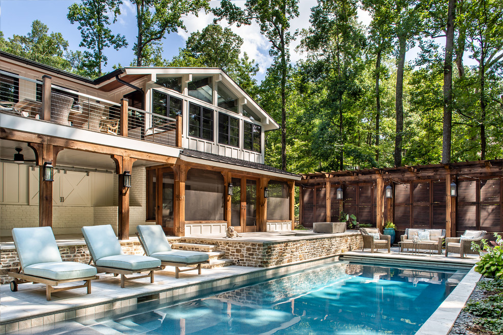 Landhausstil Pool hinter dem Haus in rechteckiger Form in Atlanta