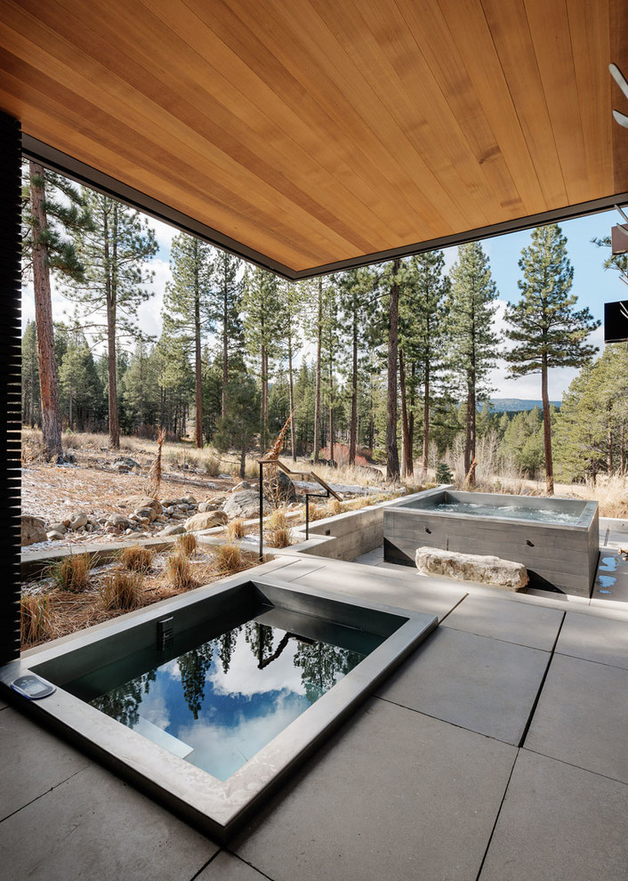 На фото: прямоугольный бассейн среднего размера на боковом дворе в современном стиле с покрытием из бетонных плит и джакузи с