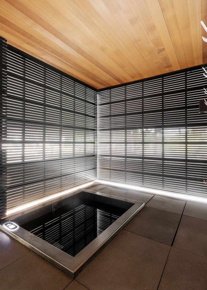 Idee per una piscina moderna di medie dimensioni e nel cortile laterale con una vasca idromassaggio e lastre di cemento