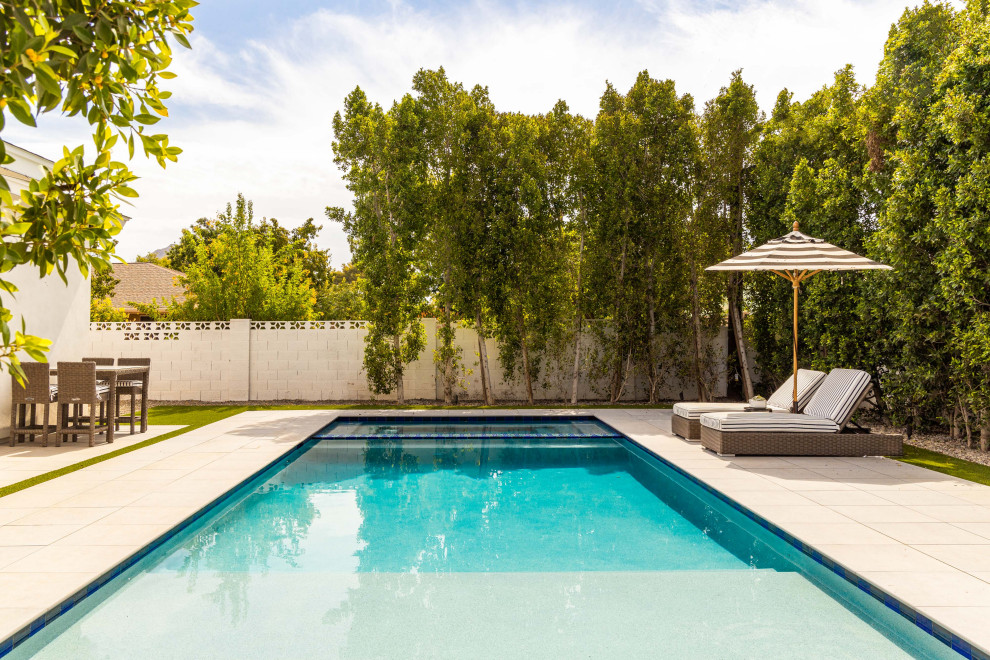 Свежая идея для дизайна: большой естественный ландшафтный бассейн на заднем дворе в современном стиле с мощением тротуарной плиткой - отличное фото интерьера