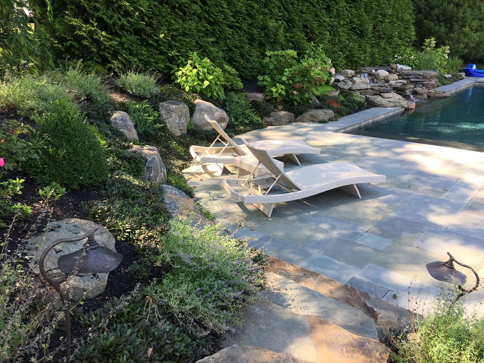 Photo of a medium sized classic back rectangular natural swimming pool in Philadelphia with a water feature and natural stone paving.