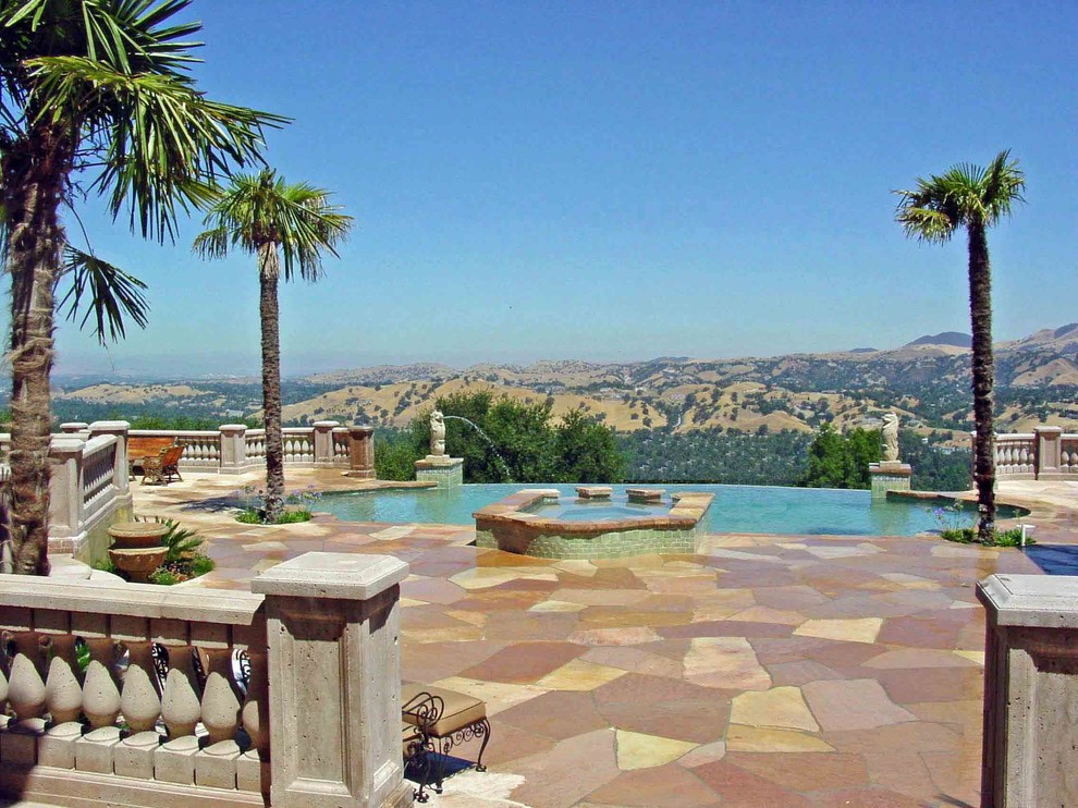 Mediterranean Vanishing Edge Pool, Flagstone Pool Deck Mediterranean