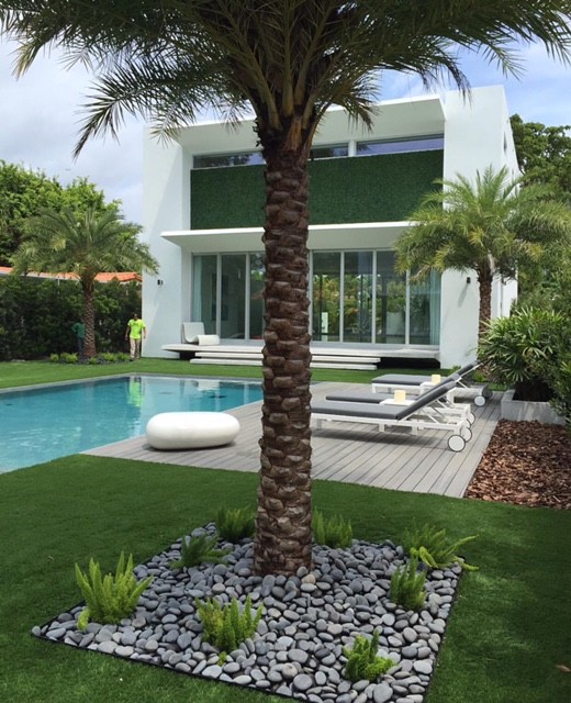 Großer Moderner Pool hinter dem Haus in rechteckiger Form mit Dielen in Miami