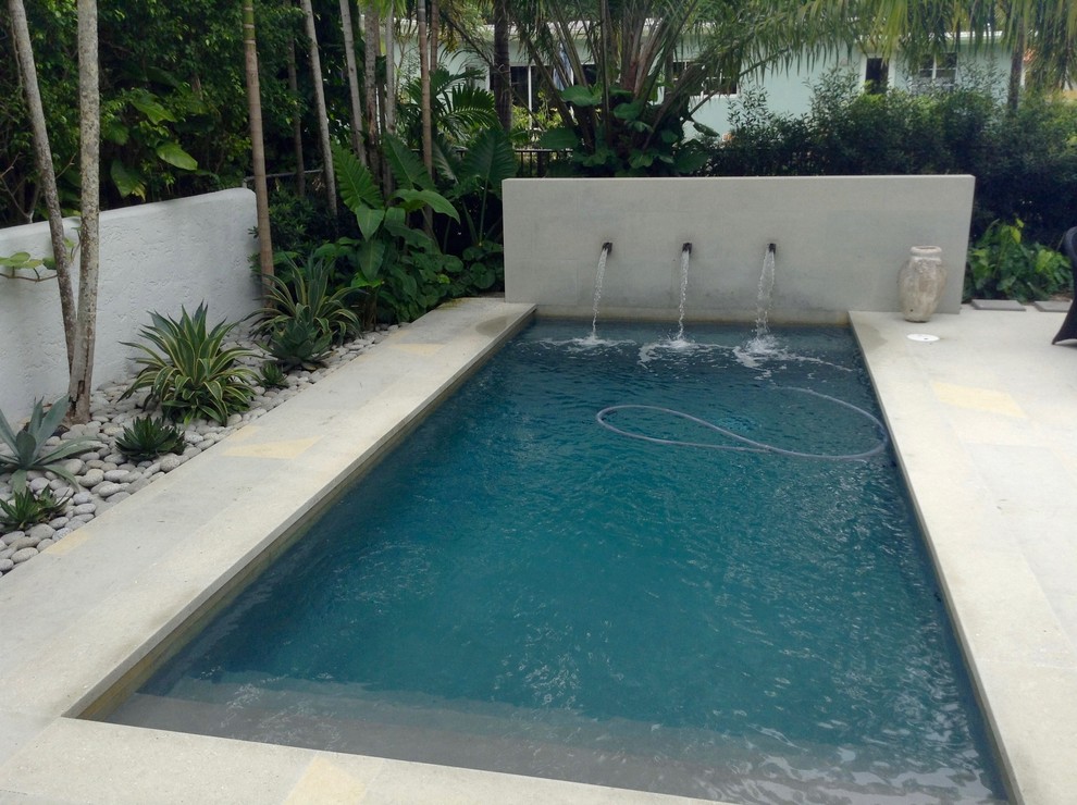 Imagen de piscina alargada contemporánea de tamaño medio rectangular en patio trasero con adoquines de hormigón