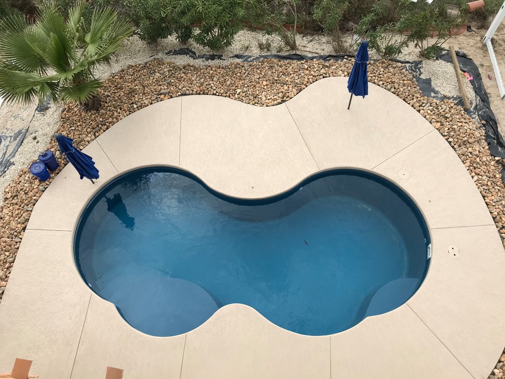 Foto de piscina natural tropical pequeña a medida en patio trasero con losas de hormigón