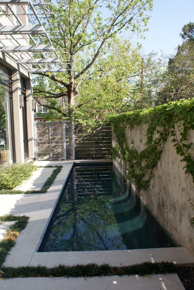 Modelo de piscina alargada moderna pequeña rectangular en patio lateral con losas de hormigón