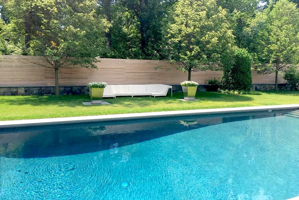 Ejemplo de piscina con fuente alargada minimalista extra grande rectangular en patio trasero con losas de hormigón