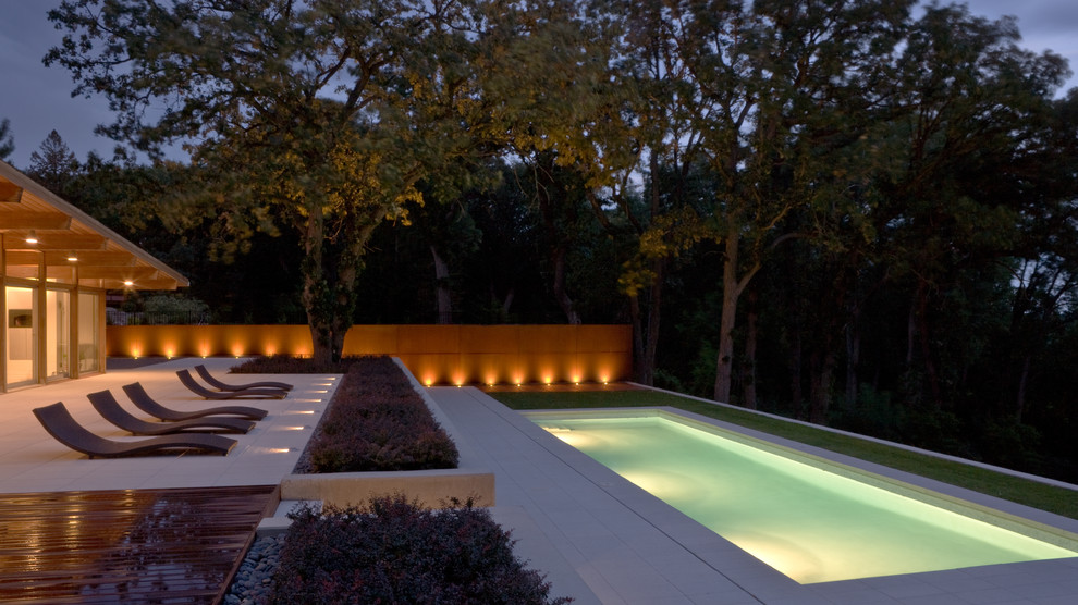 Foto de piscina alargada minimalista de tamaño medio rectangular en patio trasero con adoquines de hormigón