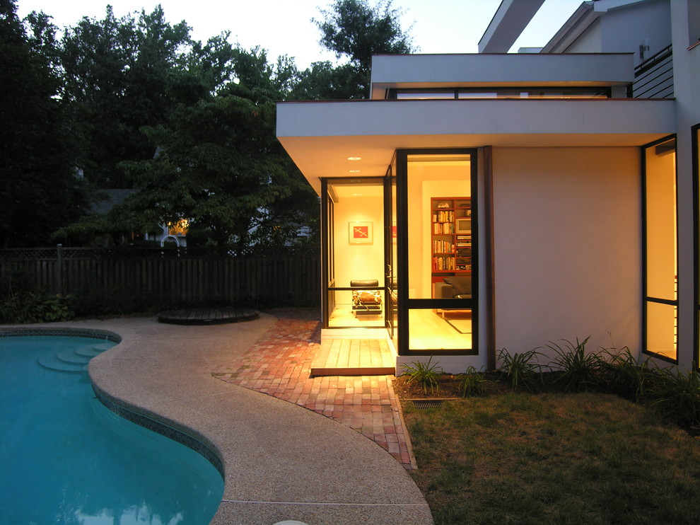 Foto de piscina natural minimalista de tamaño medio tipo riñón en patio trasero con adoquines de piedra natural