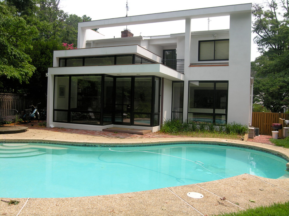 Modelo de piscina natural moderna de tamaño medio tipo riñón en patio trasero con adoquines de piedra natural